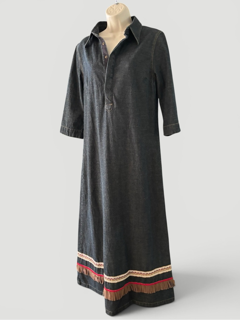 Vintage 1970s Rocky Girls Casual Wear Hennes H&M Denim Western Fringe Hem Dress - Picture 7 of 10